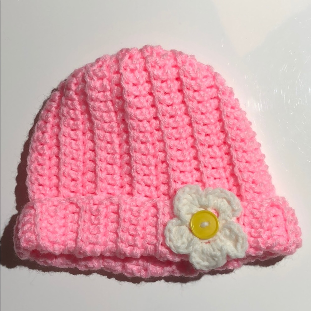 Pink baby beanie hat daisy handmade